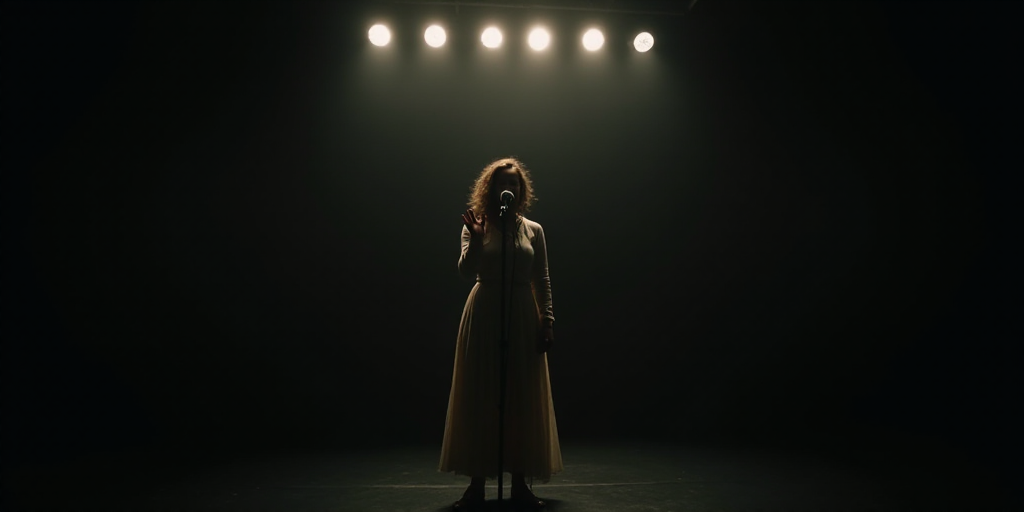 a woman standing in front of a microphone in a dark room with lights on the ceiling and a hand up, A