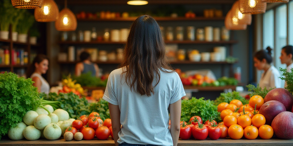 a woman standing in front of a counter filled with vegetables and fruit on it's sides as another wom