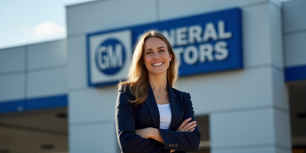 a woman standing in front of a sign that says general motors on it's side and smiling at the camera,