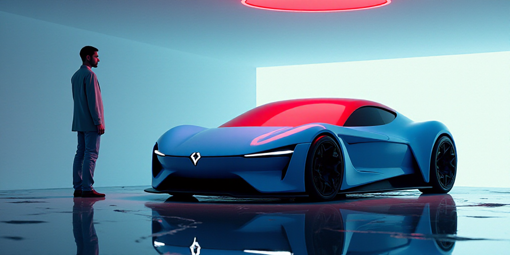 a woman standing next to a blue car with a red covering on it's hood and a man standing next to it,