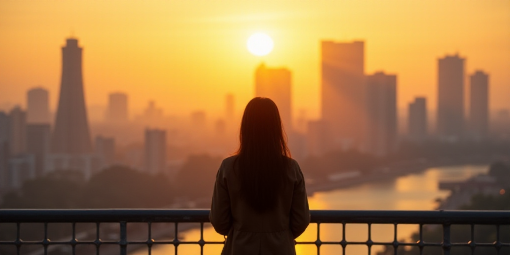 a woman standing on a bridge in front of a city skyline at sunset or dawn with a bright yellow light
