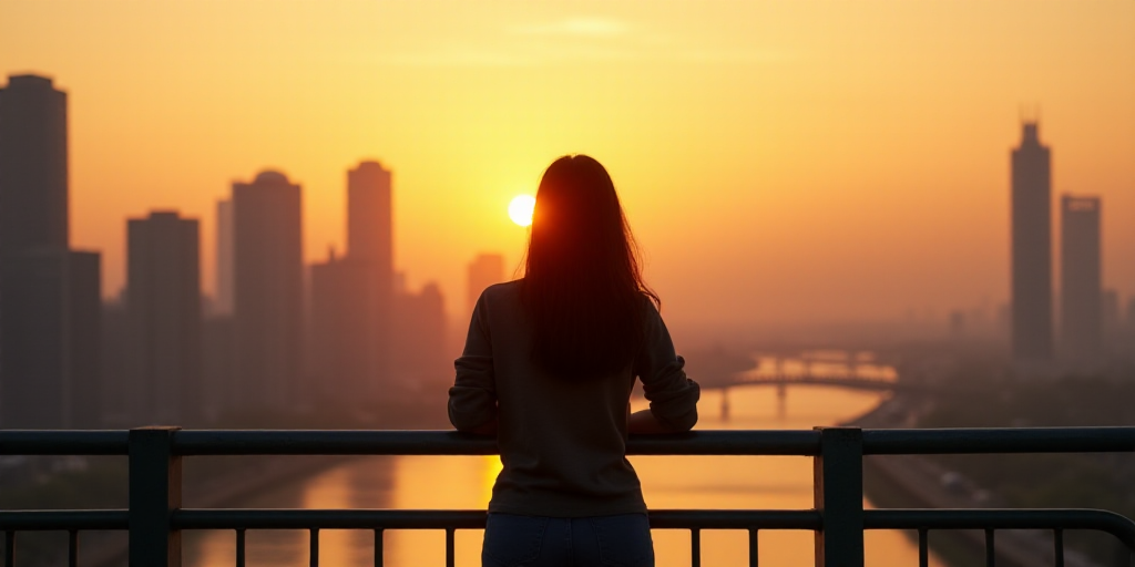 a woman standing on a bridge in front of a city skyline at sunset or dawn with a bright yellow light