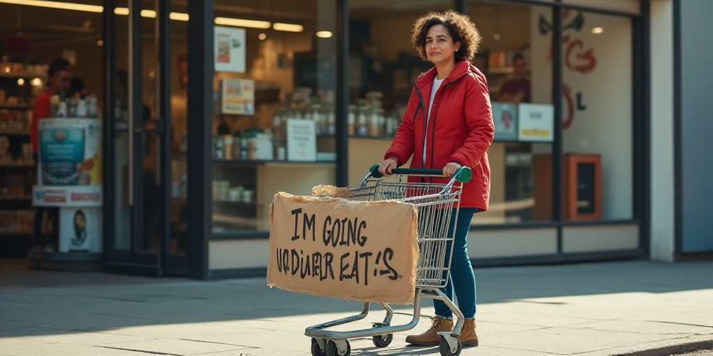 a woman standing outside of a store with a shopping cart in front of her and a sign that says, i'm g