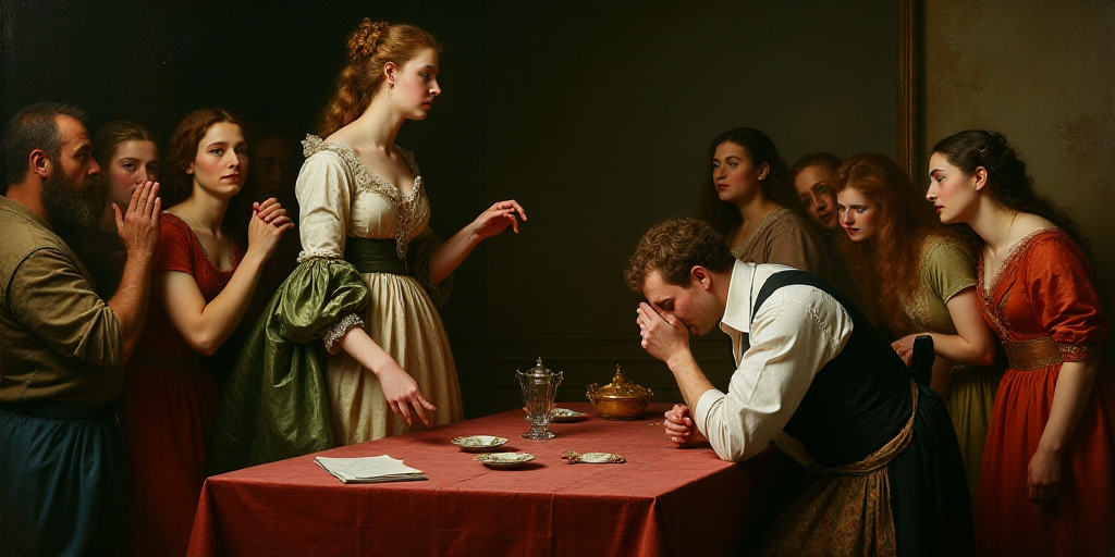 a woman standing over a table with a group of people around it and a man holding his head in his han