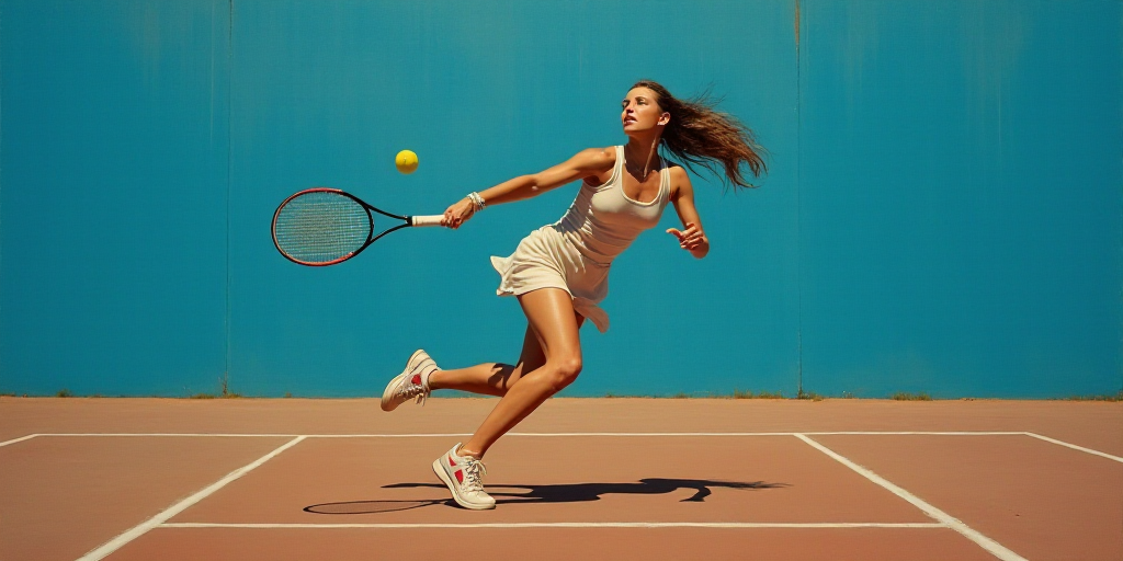 a woman swinging a tennis racquet at a ball on a tennis court with a blue wall behind her, Caroline