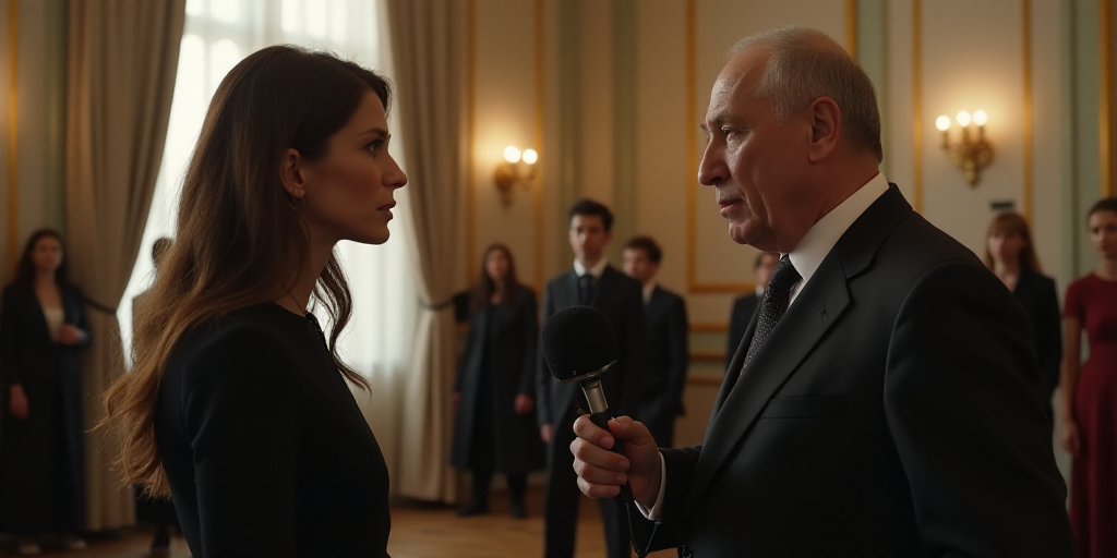 a woman talking to an older man in a room with other people in the background and a microphone in hi