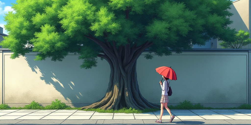 a woman walking down a street holding an umbrella in front of a building with a large stone wall and