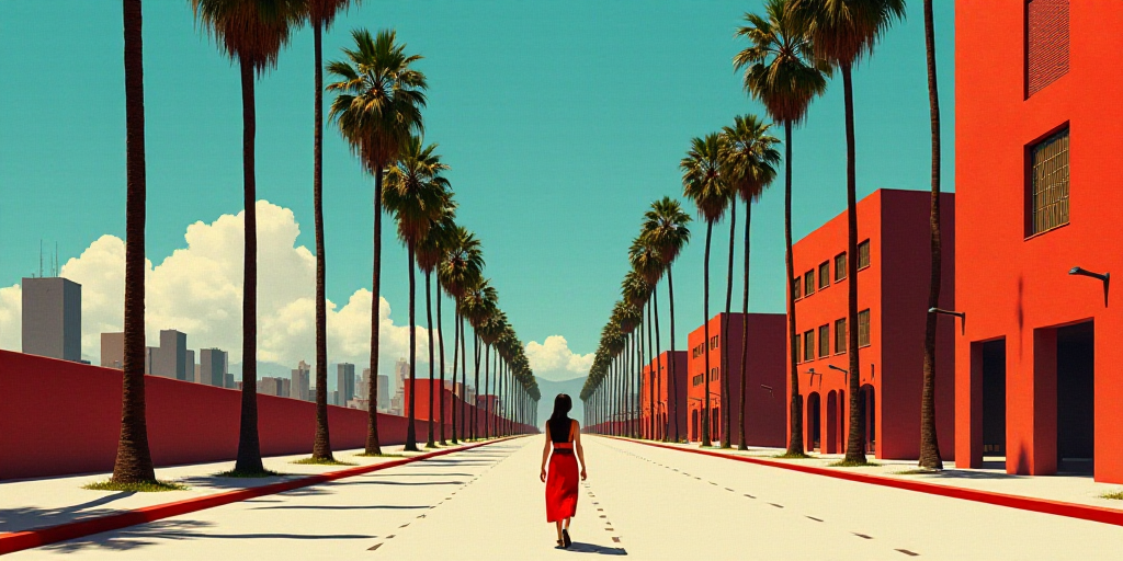 a woman walking down a street past tall buildings with palm trees in the foreground and a blue sky,