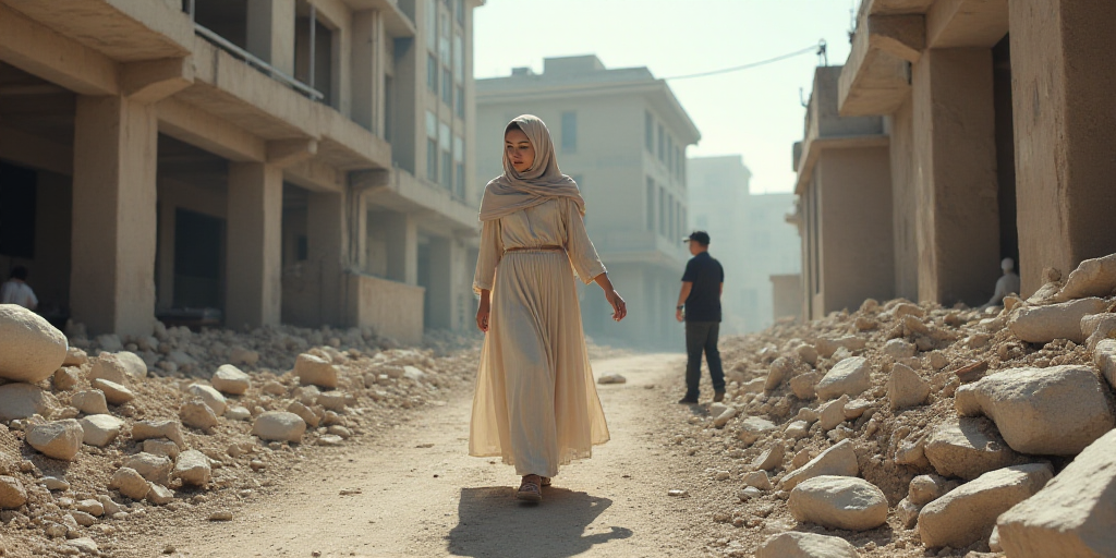 a woman walking through a rubble covered street with a building in the background and a man walking