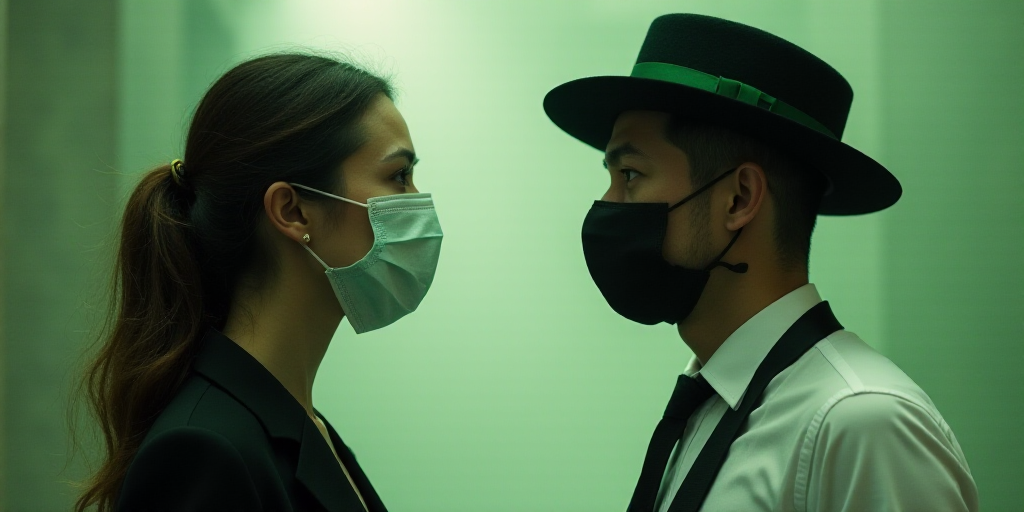 a woman wearing a face mask talking to a man in a white shirt and black hat and a green ribbon, Fay