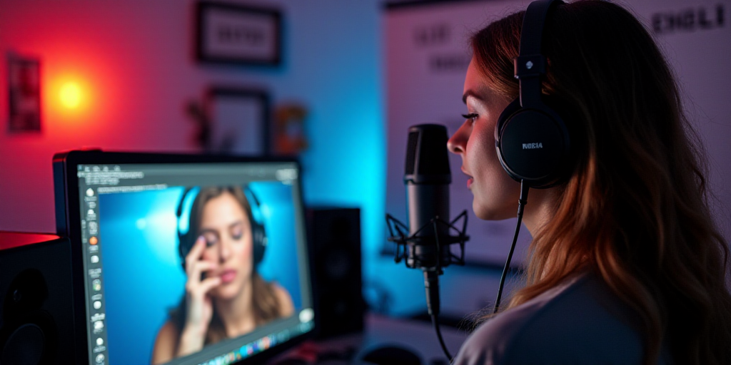 a woman wearing headphones is recording a video on a computer screen and recording a song on a micro