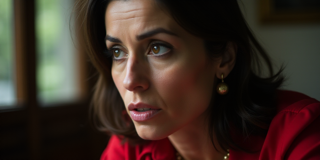 a woman with a black eyeliner and a red shirt is looking at something with a serious look on her fac