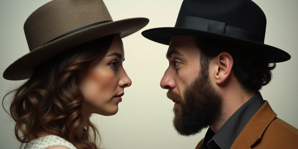 a woman with a hat on and a man with a hat on their heads are facing each other and one has a surpri
