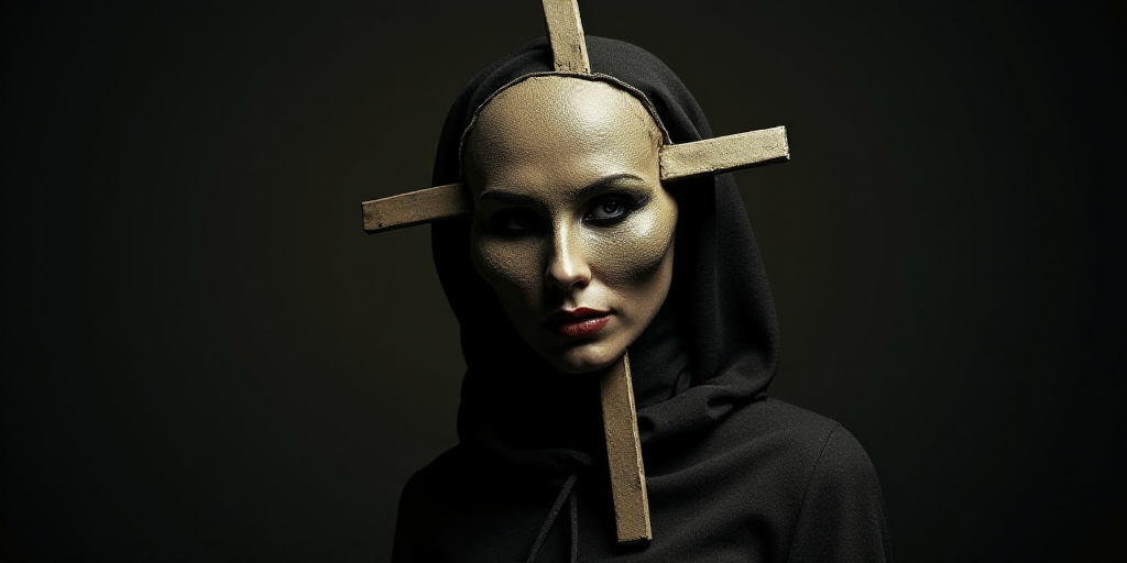 a woman with a mask on her head and a cross on her head, in front of a dark background, Altichiero,