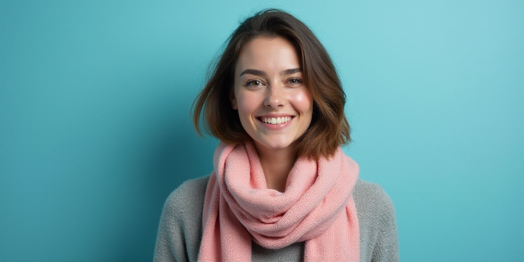 a woman with a scarf on her neck smiling at the camera with a blue background and a black and white