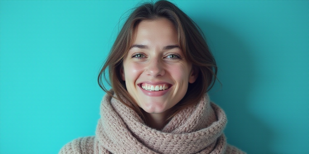 a woman with a scarf on her neck smiling at the camera with a blue background and a black and white