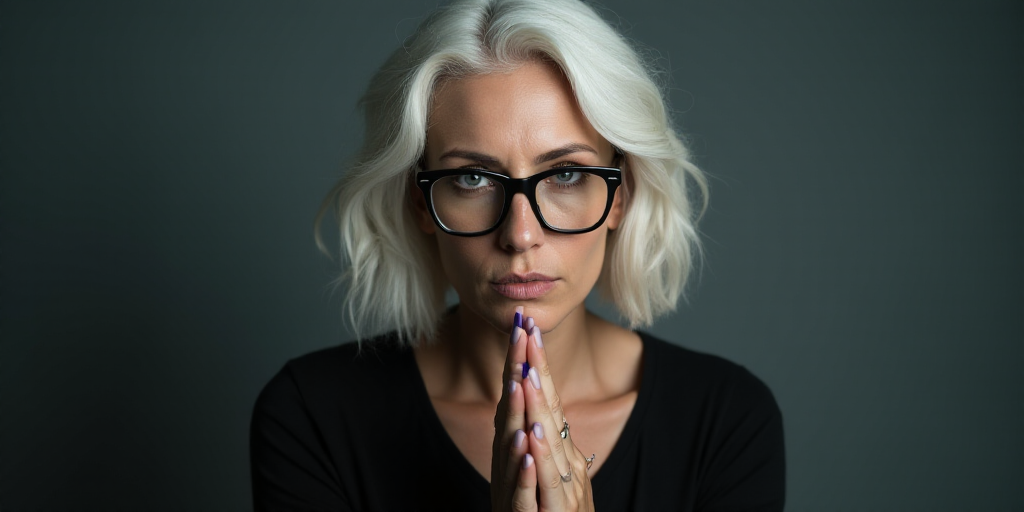 a woman with glasses is holding her hands together and looking at the camera with a serious look on