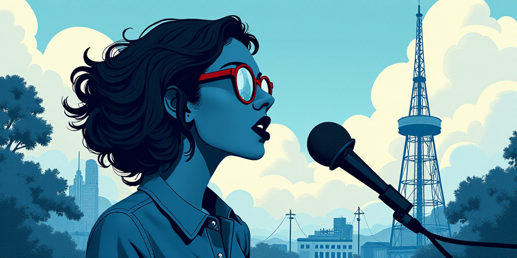 a woman with glasses is speaking into a microphone and a building with a radio tower in the backgrou