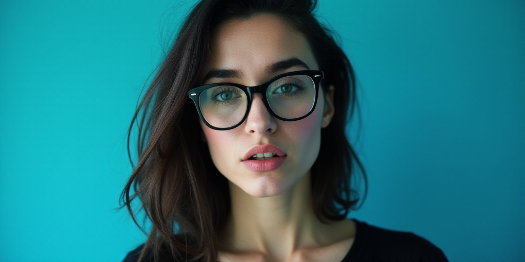 a woman with glasses standing in front of a blue background with a black and white photo of her face