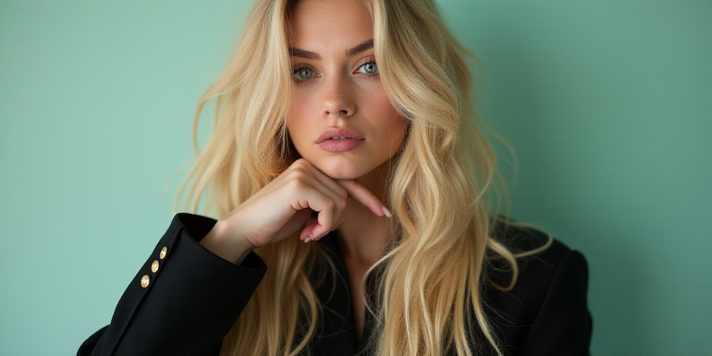 a woman with long blonde hair and a black jacket is posing for a picture with her hand on her chin,
