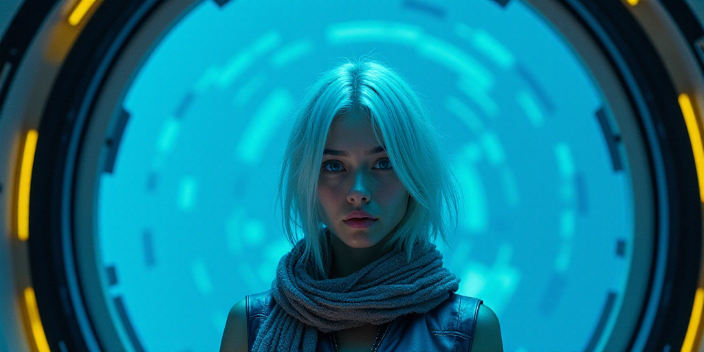 a woman with white hair and a scarf around her neck is standing in front of a blue background with a