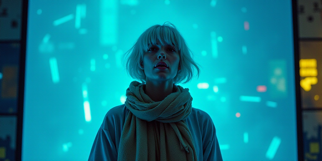 a woman with white hair and a scarf around her neck is standing in front of a blue background with a