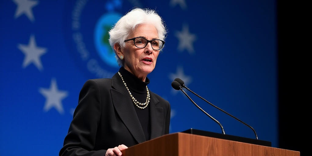a woman with white hair and glasses speaking at a podium with stars on the wall behind her and a blu