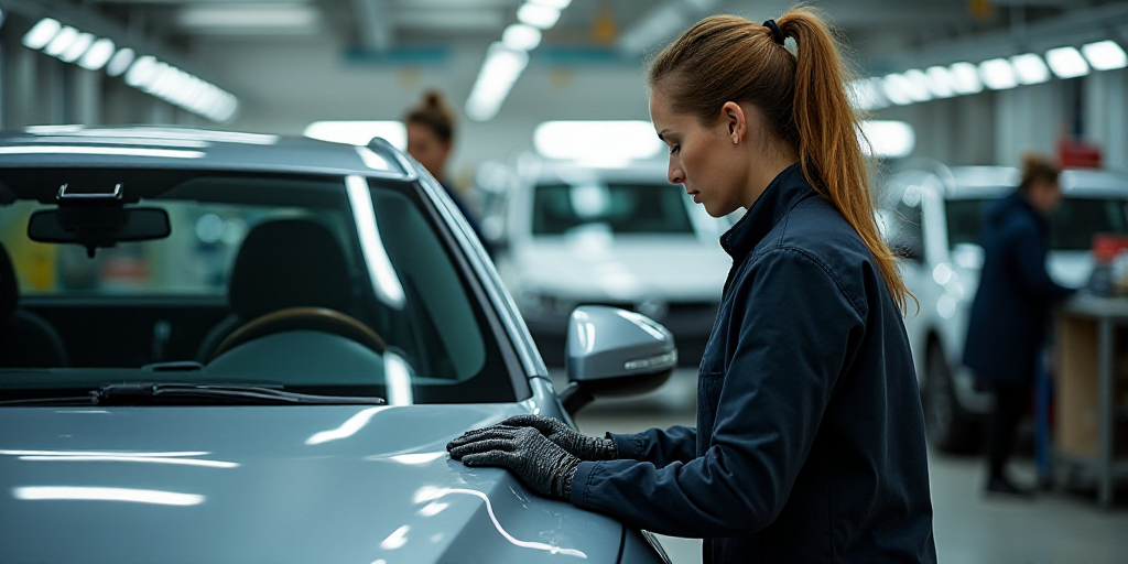 a woman working on a car in a factory with another woman working on the car in the background and an