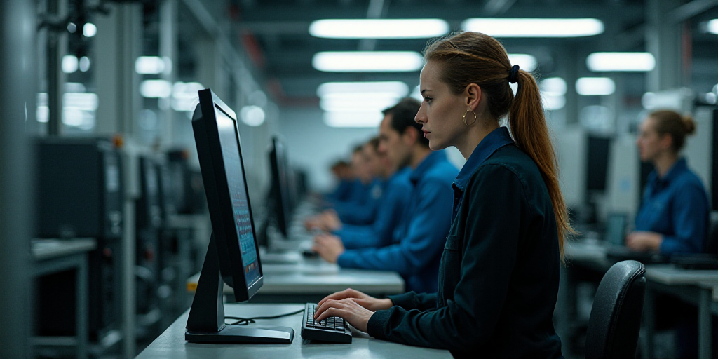 a woman working on a machine in a factory with other workers behind her looking at the machine scree