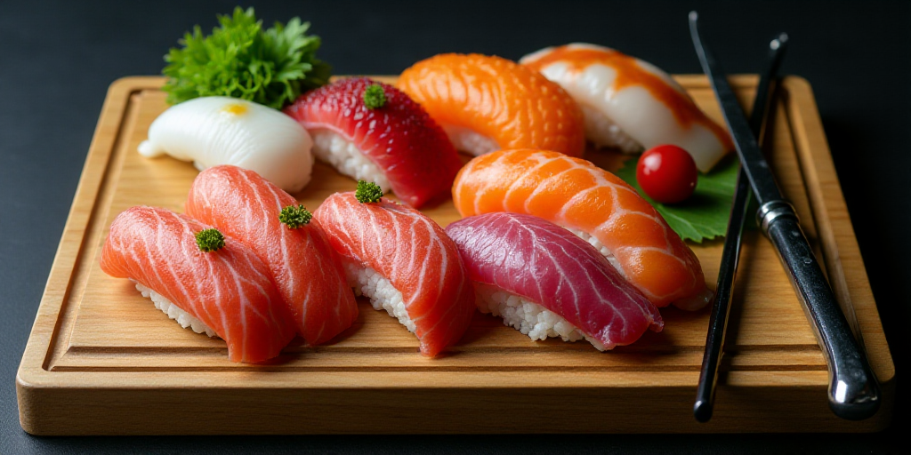 a wooden cutting board topped with sushi and other foods on top of it, with a knife and fork, Aya Go