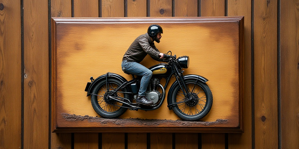 a wooden plaque with a picture of a man on a motorcycle on it's side on a wooden wall, David Ramsay