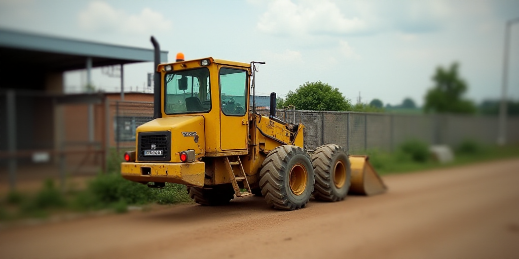 a yellow tractor is parked on a dirt road near a building and a fenced in area with a brick wall, Ed
