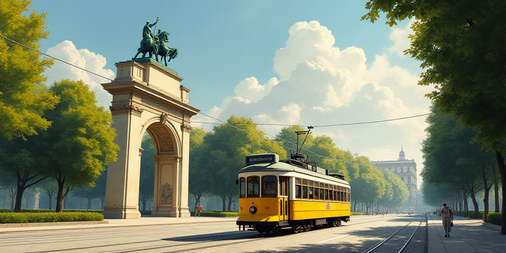 a yellow trolley car traveling past a tall arch in a city park with a statue on top of it, Florence
