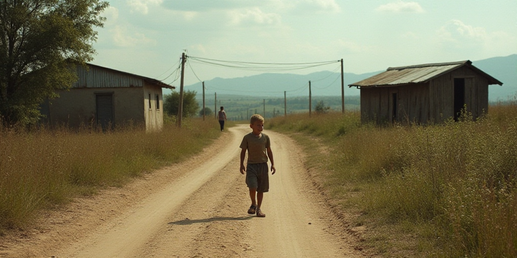 a young boy walking down a dirt road in front of a village with a shack and a few people, Ceferí Ol