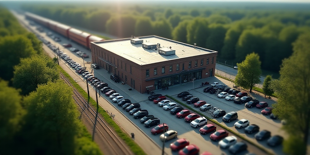 an aerial view of a building with many cars parked in front of it and a train on the tracks, Enguerr