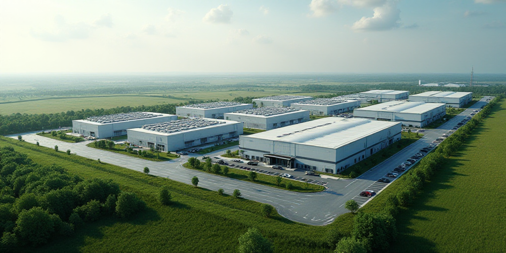 an aerial view of a large industrial area with many buildings and cars parked in it and a field of g