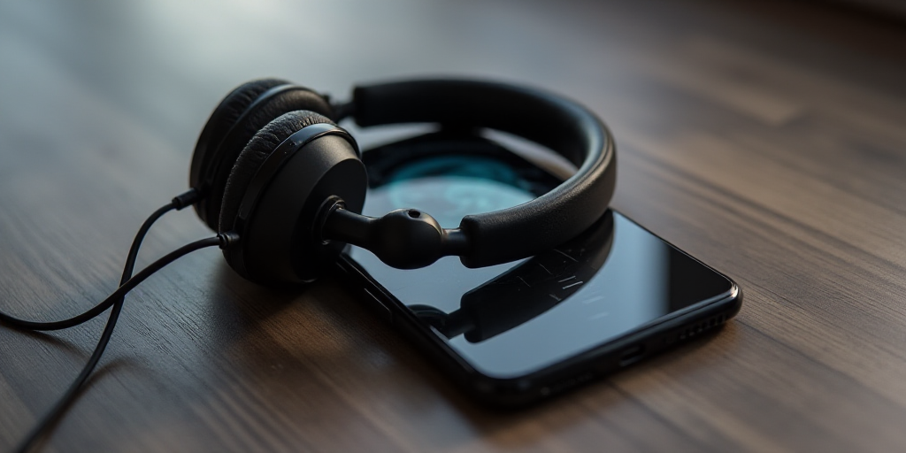 an iphone with a headphone attached to it's earphone cord and a spot of spot music on the screen, An