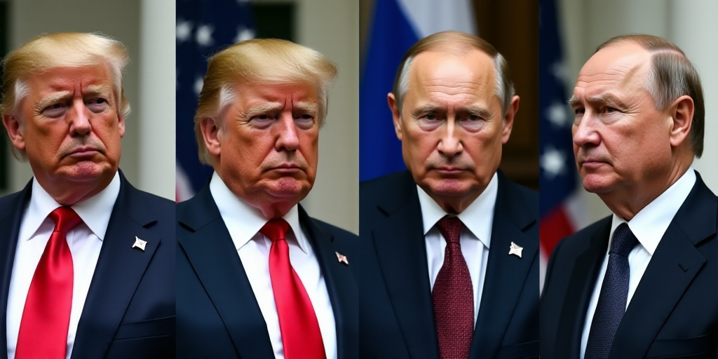 four different faces of donald trump and russian president, including a man in a suit and tie, and a