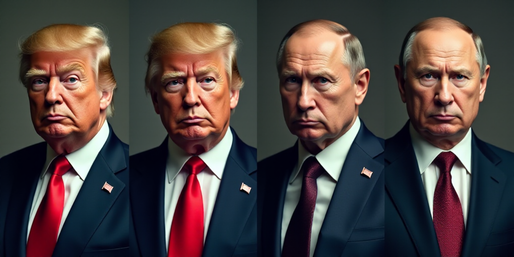 four different faces of donald trump and russian president, including a man in a suit and tie, and a