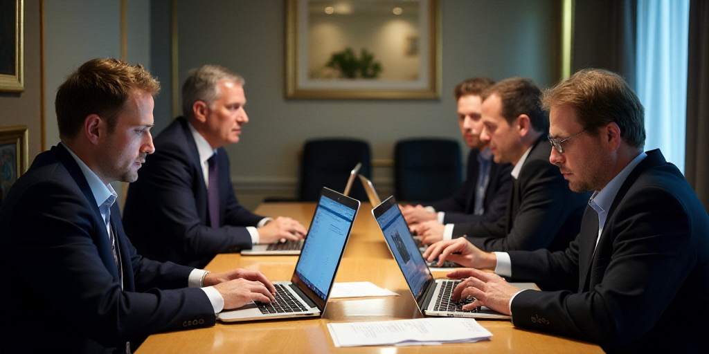four men sitting at a table with laptops and papers in front of them, all looking at their laptops,