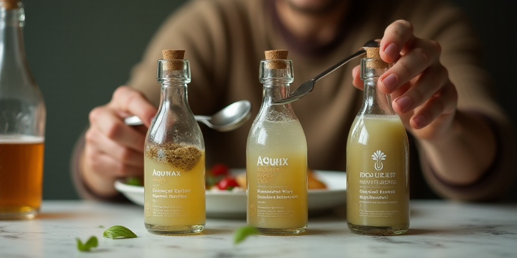 three bottles of contraption sitting on a table with a person holding a spoon in front of them and a