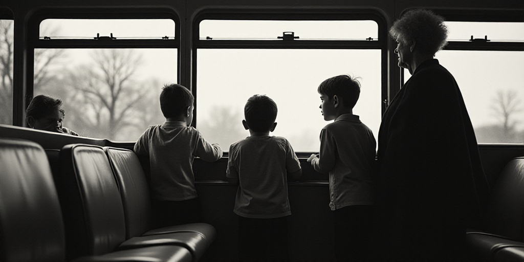 three children standing on a bus looking out the window at the camera man and woman are standing on