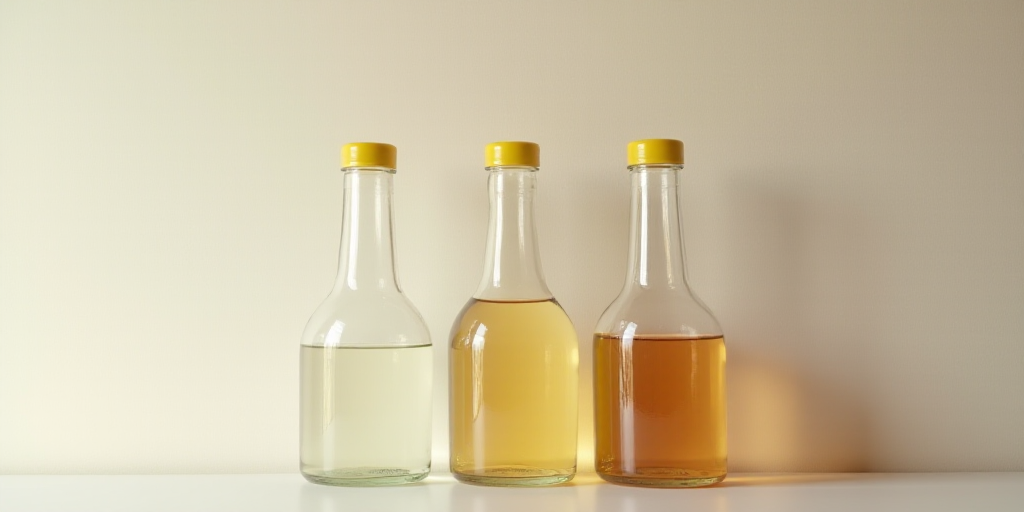 three empty bottles of liquid sitting on a table next to a wall and a wall behind them with a yellow
