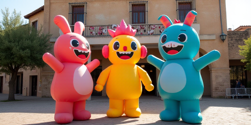 three inflatable characters are standing in front of a building with a sign that says feria de flore