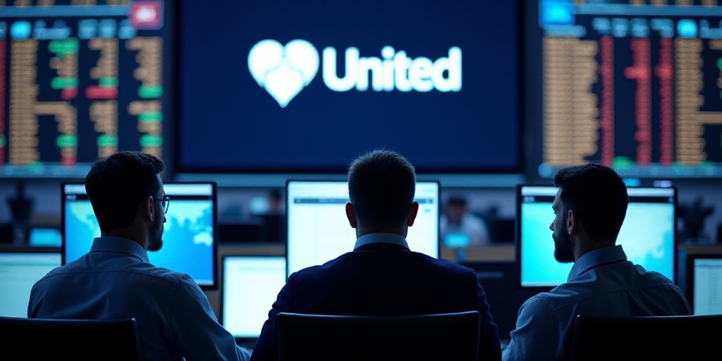 three men are looking at a computer screen in a stock market with a large screen behind them that sa