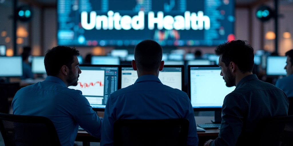 three men are looking at a computer screen in a stock market with a large screen behind them that sa