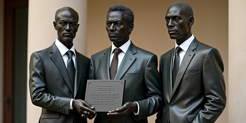 three men in suits and ties holding a plaque and a statue of a man in a suit and tie, Eduardo Lefebv