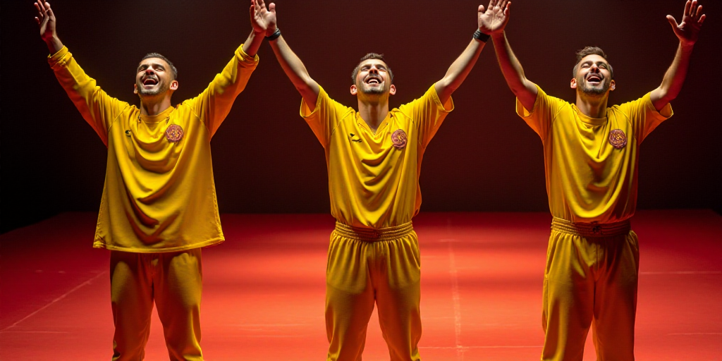 three men in yellow jerseys holding up their hands in the air while standing on a red carpeted area,