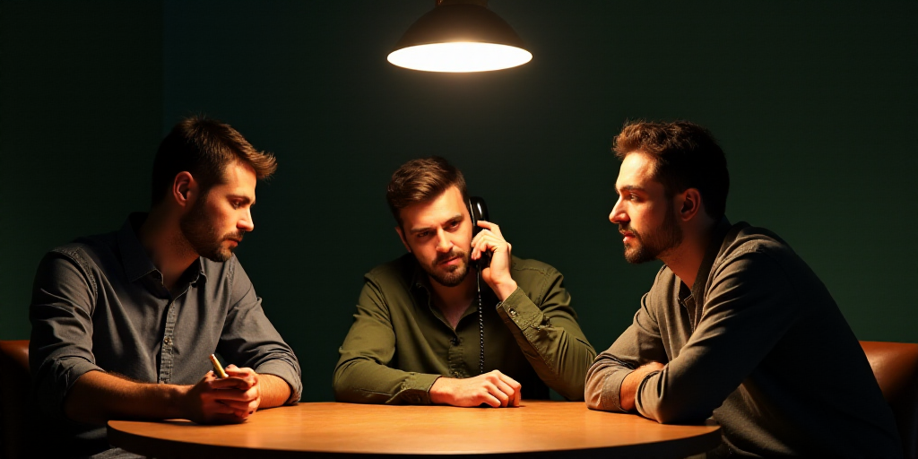 three men sitting at a table with a lamp above them and a phone to their ear, one of them is on the