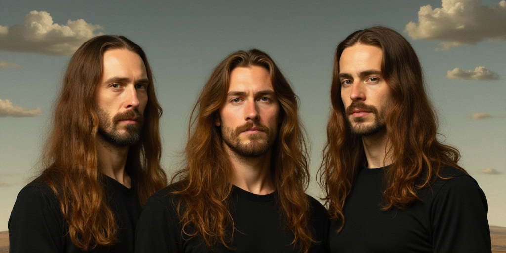 three men with long hair standing next to each other in front of a gray background with clouds in th